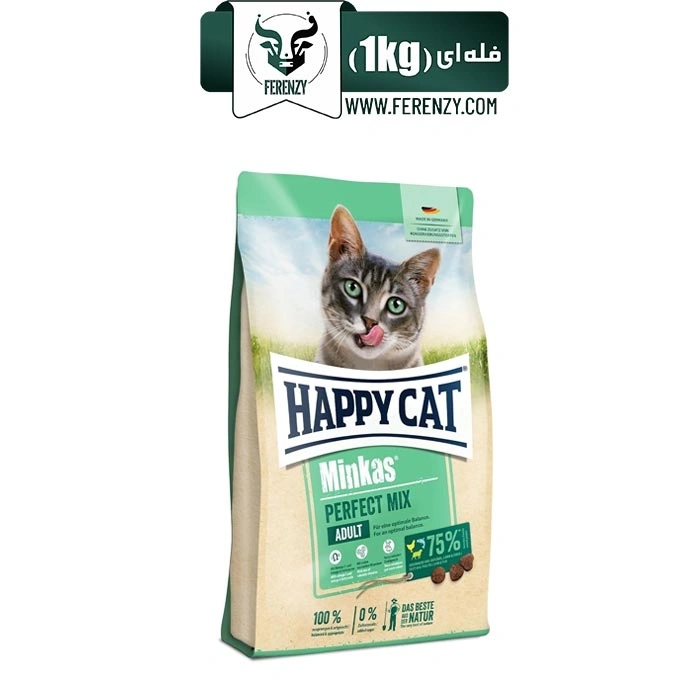 غذای خشک گربه بالغ مینکاس پرفکت میکس هپی کت طعم مرغ و ماهی و بره