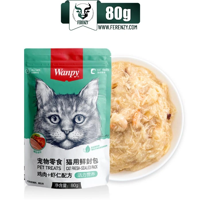 پوچ گربه بالغ ونپی طعم مرغ و میگو وزن 80 گرم Wanpy Pet Treats