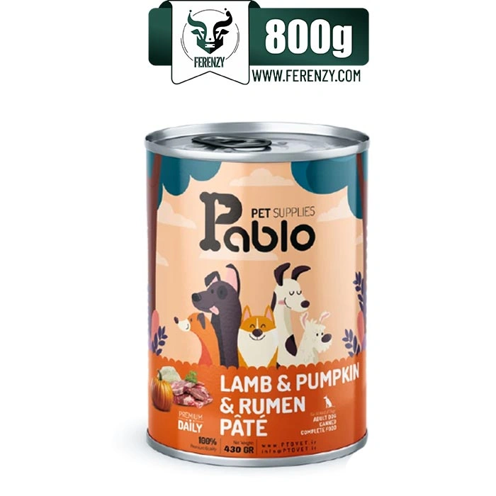 کنسرو سگ بالغ پابلو طعم بره و کدوحلوایی و سیرابی مدل پته